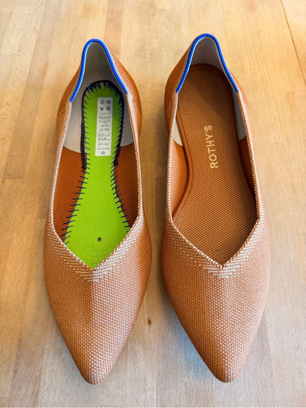 Rothy's Women's “The Point” Flats - “Fawn” Tan with Blue Trim
